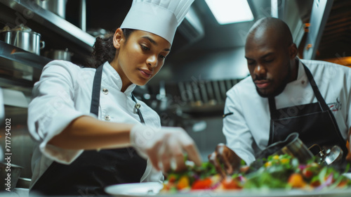 female chef in a professional kitchen garnishing a dish with focus