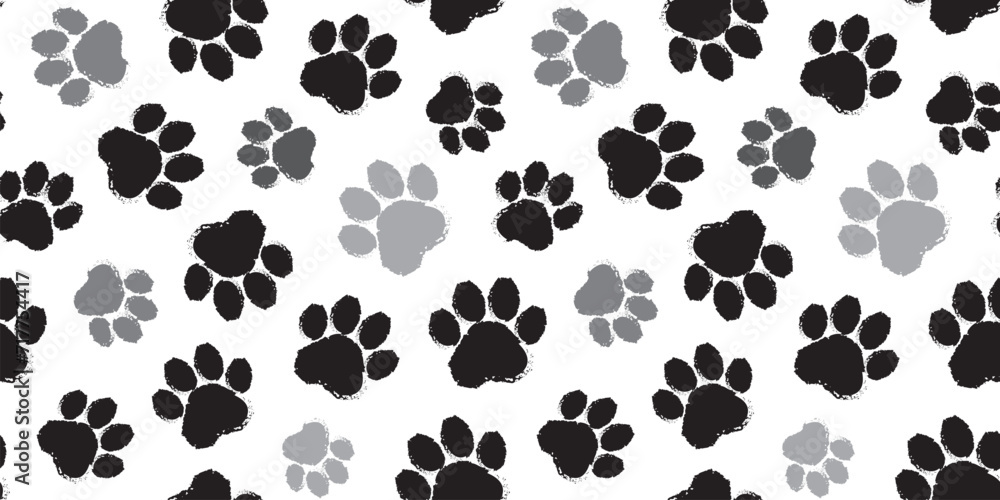 Fototapeta premium Paw cat or dog seamless pattern, pet foot print, animal vector background. Bear, panda, tiger step texture, grunge stamp repeat foot track wallpaper. Cartoon illustration