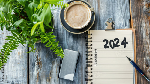 New year resolutions 2024 on desk. 2024 goals list with notebook, coffee cup, plant on wooden table. Resolutions, plan, goals, action, checklist, idea concept.