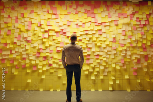 Businessman standing in front of wall covered in post-it notes.