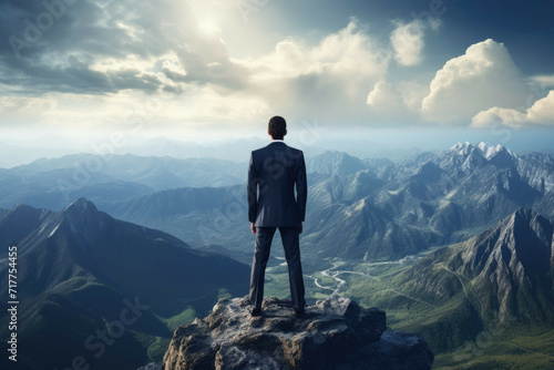 Businessman standing on top of mountain and looking at view.