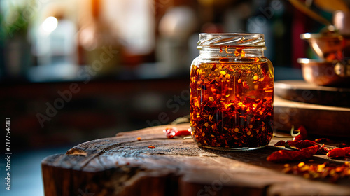 Chili oil in a jar. Selective focus. photo