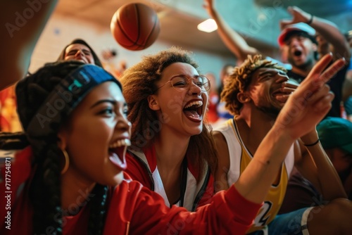 A group of friends in sports gear watching a March Madness basketball game, showing excitement and team spirit