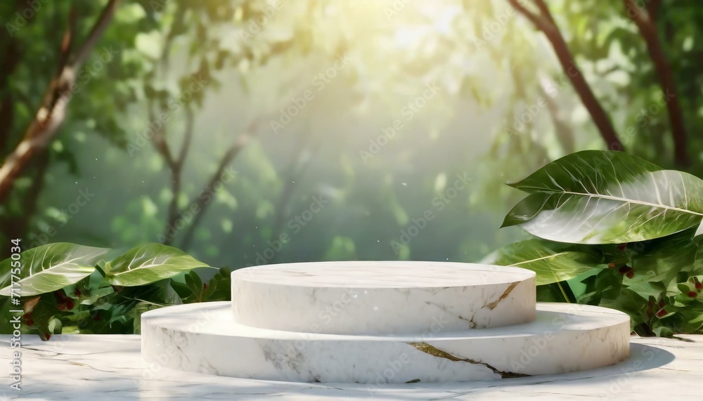White marble podium showing pedestal leaves in the jungle. white luxury marble cylinder Circular pedestal with green leaf for new products, nature forest White marble podium showing pedestal leaves in the jungle. white luxury marble cylinder Circular pedestal with green leaf for new products, nature forest