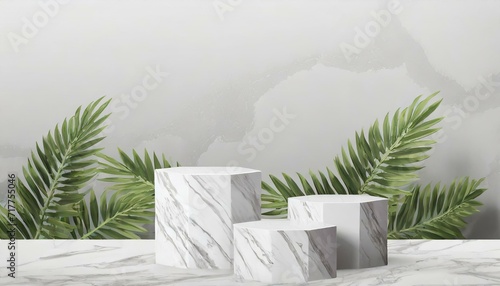 3 luxury white Marble box, block, square podium cube green leaves in white marble background. concept scene stage showcase, product, perfume, promotion sale, banner, presentation, cosmetic. 3D render