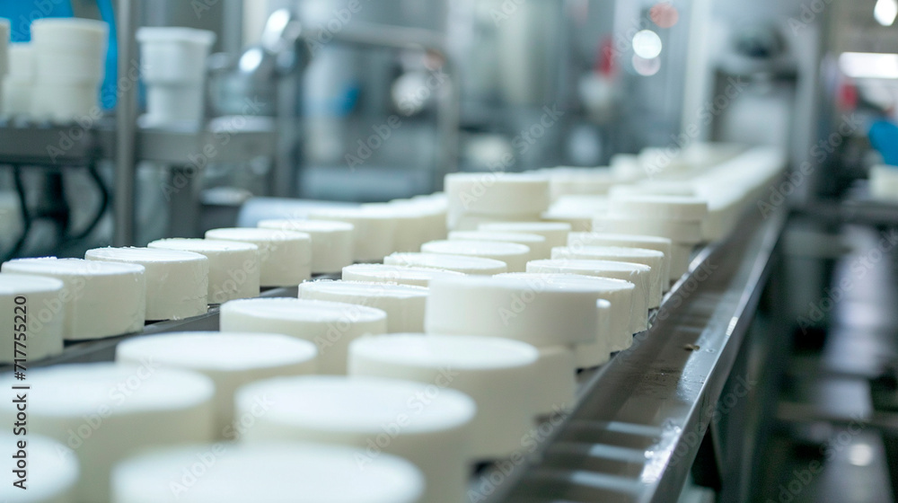 Heads of cheese on a production tape. Selective focus. Heads of cheese on a production tape. Selective focus.