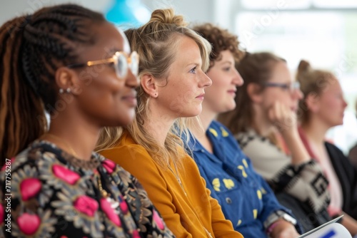 A group of women attending a seminar for International Women's Day, focusing on empowerment and leadership