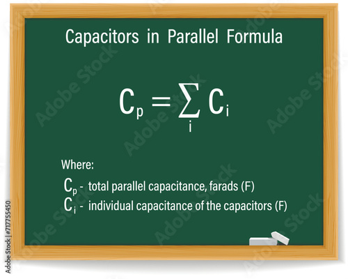 Capacitors in Parallel Formula on a green chalkboard. Education. Science. Formula. Vector illustration.