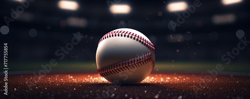 A close-up view of a baseball, centered in the midst of the stadium, ready for play. photo
