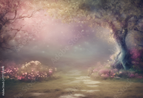 fairytale illustration background with a magical tree
