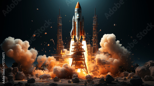 Launching rocket model taking off against black background photo