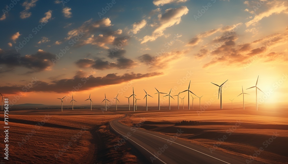 Wind turbine in the field, Harnessing Nature's Breath: Wind Farm, Landscape, Renewable, sunrise, sunset