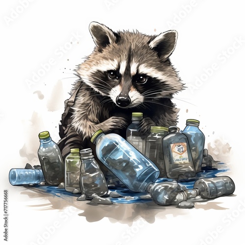 Digital art of a raccoon surrounded by discarded plastic bottles, highlighting environmental issues and wildlife impact.
 photo