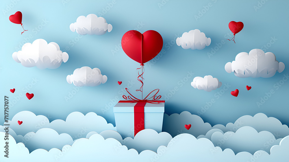 Gift box with heart balloon floating it the sky, Happy Valentine's Day banners, paper art style. generative ai