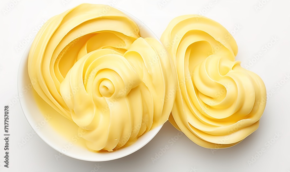 Yellow colored butter rolls in the photo over a white background. generative AI Yellow colored butter rolls in the photo over a white background. generative AI