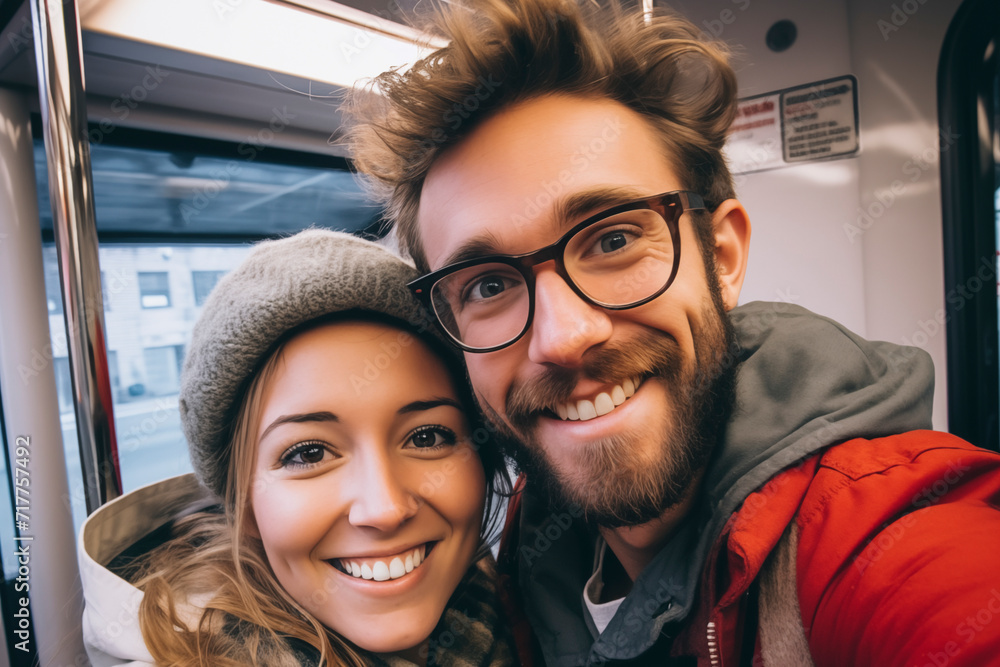 Happy train subway passenger young couple man and woman taking selfie ...