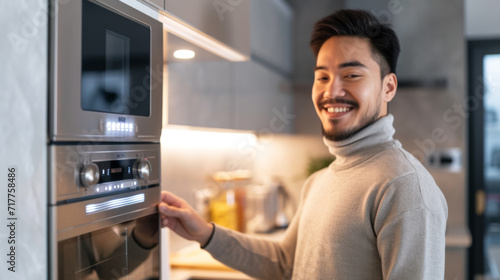 young man in a modern kitchen  smiling and reaching out  possibly to cook or to operate a kitchen appliance