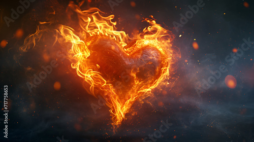 bright flamy heart symbol on the black background. generative ai © Saleem