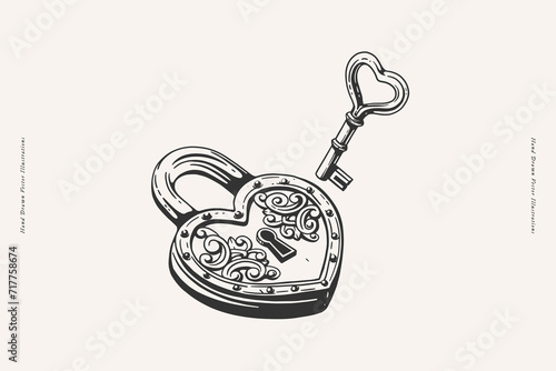 A beautiful forged lock in the shape of a heart with a key to it. A symbol of strong love and marriage. A sign of romantic feelings. Wedding attribute on a light background. Valentine's Day.