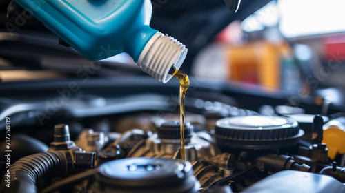 close-up of a fresh engine oil being poured into the motor of a vehicle