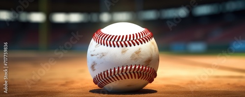 A close-up view of a baseball, centered in the midst of the stadium, ready for play.