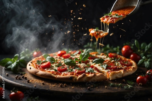 Pieces of pizza flying with herbs, sauce and spices on a dark background with smoke