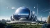 the world in the city,observatory in the night, Stellar round indigo exquisite temple at the heart of a futuristic neighborhood. landscape of space exploration. planet Sirius. Even in the daytime, one