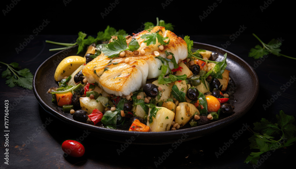 Roasted cod with potatoes green and red bell peppers Roasted cod with potatoes green and red bell peppers
