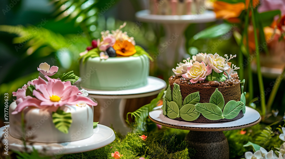 Very beautiful desserts, awarded a Michelin star, desserts decorated with flowers, standing on unusual stands. The works of culinary art look very appetizing. Very beautiful desserts, awarded a Michelin star, desserts decorated with flowers, standing on unusual stands. The works of culinary art look very appetizing.