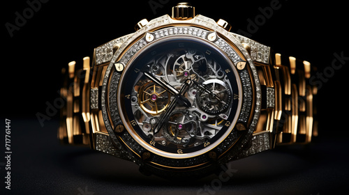 Close-up of luxury diamond Wristwatch on black background