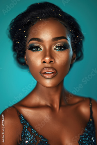 fashion portrait of a beautiful black young woman with makeup in an evening dress on a blue-green background