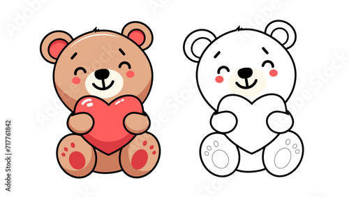 cute teddy bear with red heart cartoon clipart, coloring page teddy bear