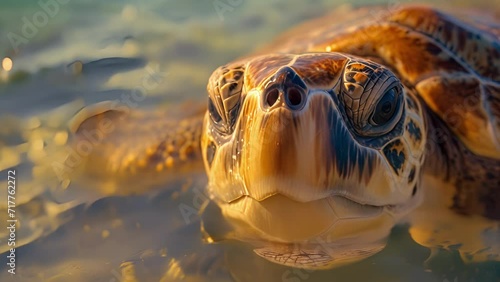 Closeup of a loggerhead sea turtles dark wrinkled face as it takes a break from swimming in the cool crystalclear waters near the shore. photo