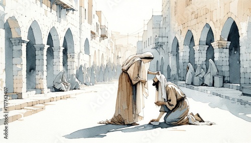 Veronica wipes the face of Jesus. Digital watercolor painting. photo