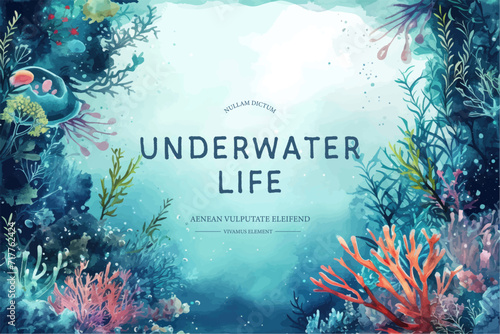 Underwater scene with coral reef, fish and seaweed. Vector illustration.