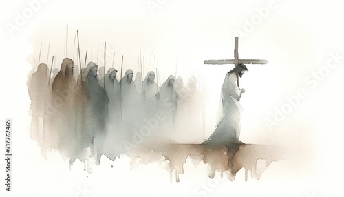 Jesus takes up his Cross. Digital watercolor painting illustration.