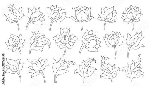Set of contour flowers and leaves. Buddhist symbols, lotuses. Simple line pictures.