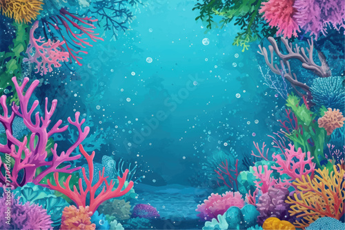 Underwater scene with coral reef, fish and seaweed. Vector illustration.