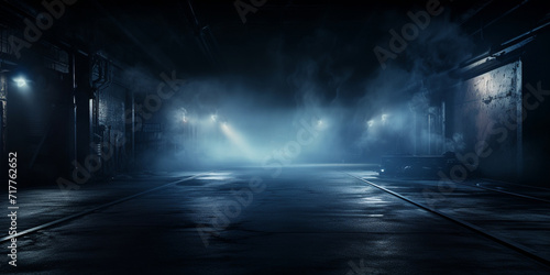 Midnight basement parking empty area lights dark blue background smoke float up interior texture. photo