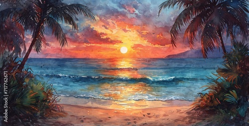 Sunset Serenade: A Painted Palm Tree Painting of a Sunset at the Beach Generative AI