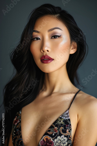 studio fashion portrait of a beautiful young asian woman in evening dress on a dark background