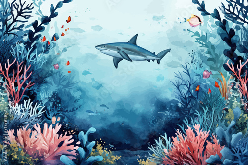 Underwater scene with coral reef, fish and seaweed. Vector illustration.