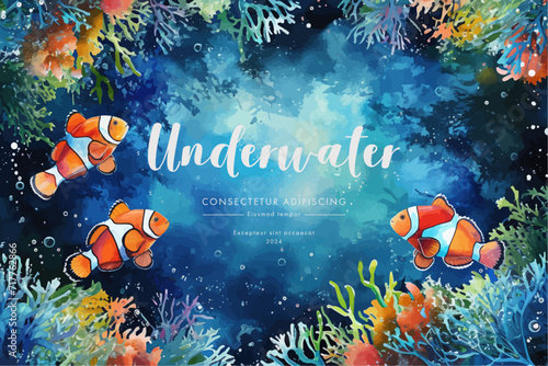 Underwater scene with coral reef, fish and seaweed. Vector illustration.