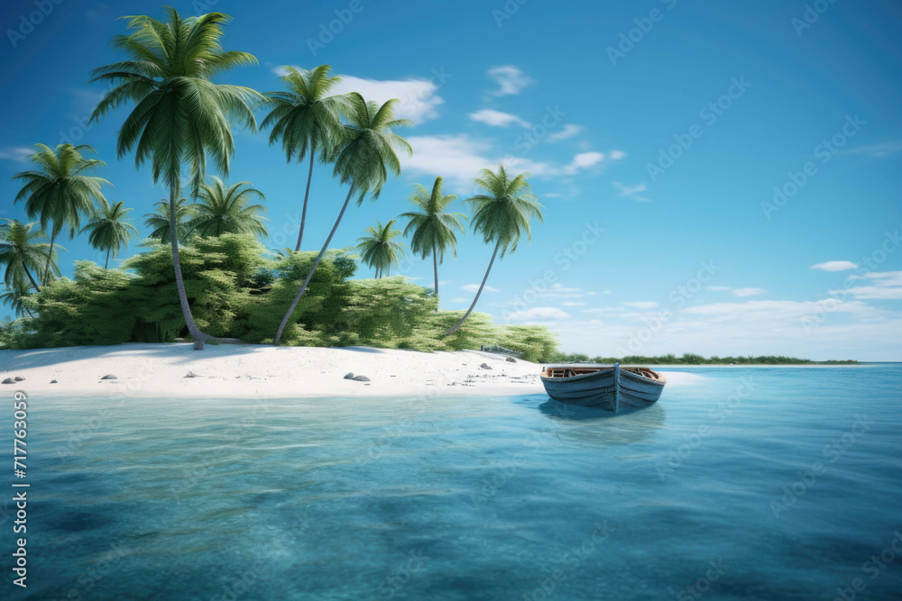 Fototapeta premium Deserted island with a single palm tree and crystal clear water.
