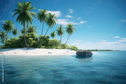 Deserted island with a single palm tree and crystal clear water.