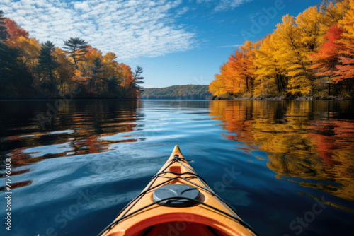 Kayak in calm lake with autumn trees and blue sky