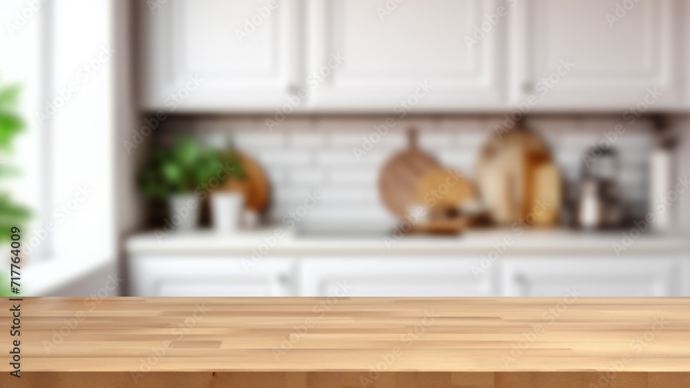 an empty wooden countertop to display your product on a blurred kitchen background. an empty wooden countertop to display your product on a blurred kitchen background.