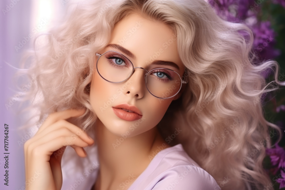portrait, a wonderful blonde young woman with glasses in a beautiful frame. optics, vision correction and eye imperfections. Bespectacled curly-haired girl, stylish female image. portrait, a wonderful blonde young woman with glasses in a beautiful frame. optics, vision correction and eye imperfections. Bespectacled curly-haired girl, stylish female image.
