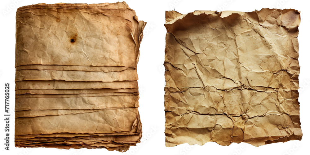 Old Worn Paper Sheets Set Isolated on Transparent or White Background, PNG