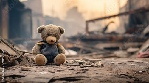 A cute touching teddy bear on a blurred background of destroyed buildings. an abandoned children's toy. bombing, terrorist attack, fire. photo